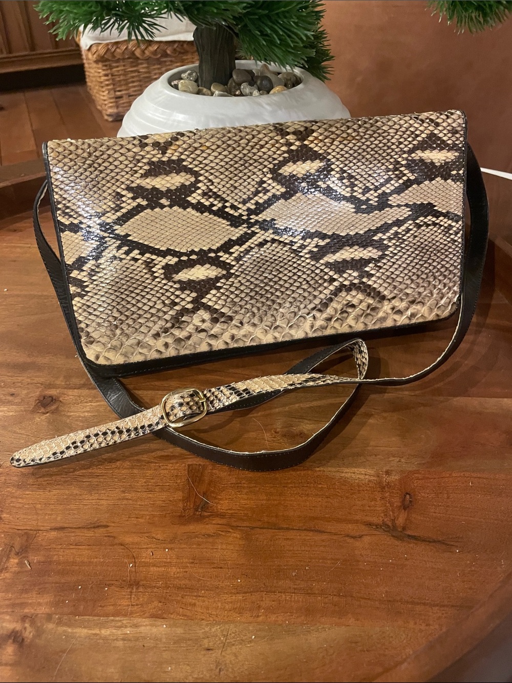 Vintage 1950s Python Snake Skin Clutch Crossbody Bag Adjustable Removable Strap